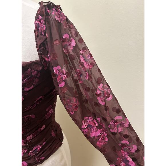 ASTR THE LABEL Perkins Fuchsia Burnout Floral Balloon Sleeve Polka Blouse Sz XS - Picture 7 of 12